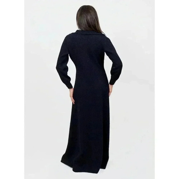 Vintage Black Deep V Dress Small Collared Long Bishop Sleeve Gown Sweater Dress - Picture 4 of 4